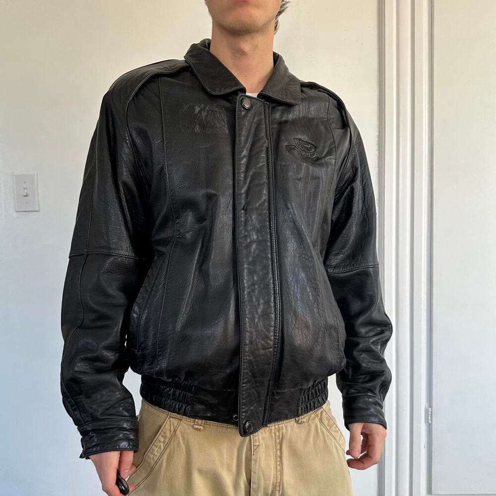 Rare Vintage 90s Ford Racing Black Leather Cropped Flannel Lined Jacket Bomber